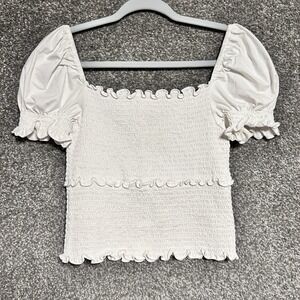 Y2K 5a7 Women's M Top White Smocked Milkmaid Babydoll Peasant Boho‎ Piratecore